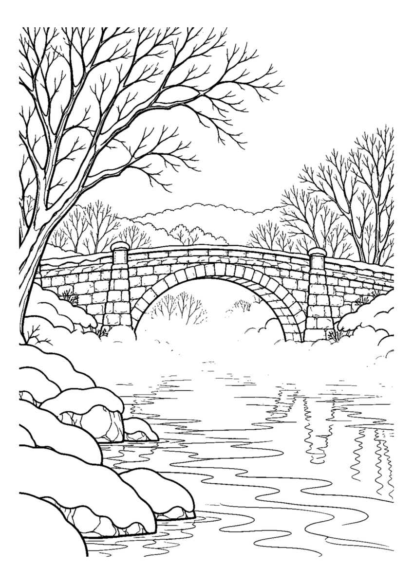 【１２月】朝もやの冬川の塗り絵