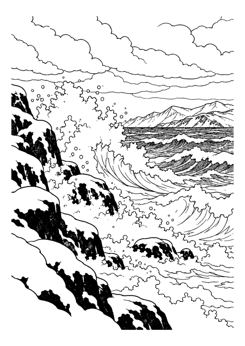 【12月】冬の日本海の波の塗り絵