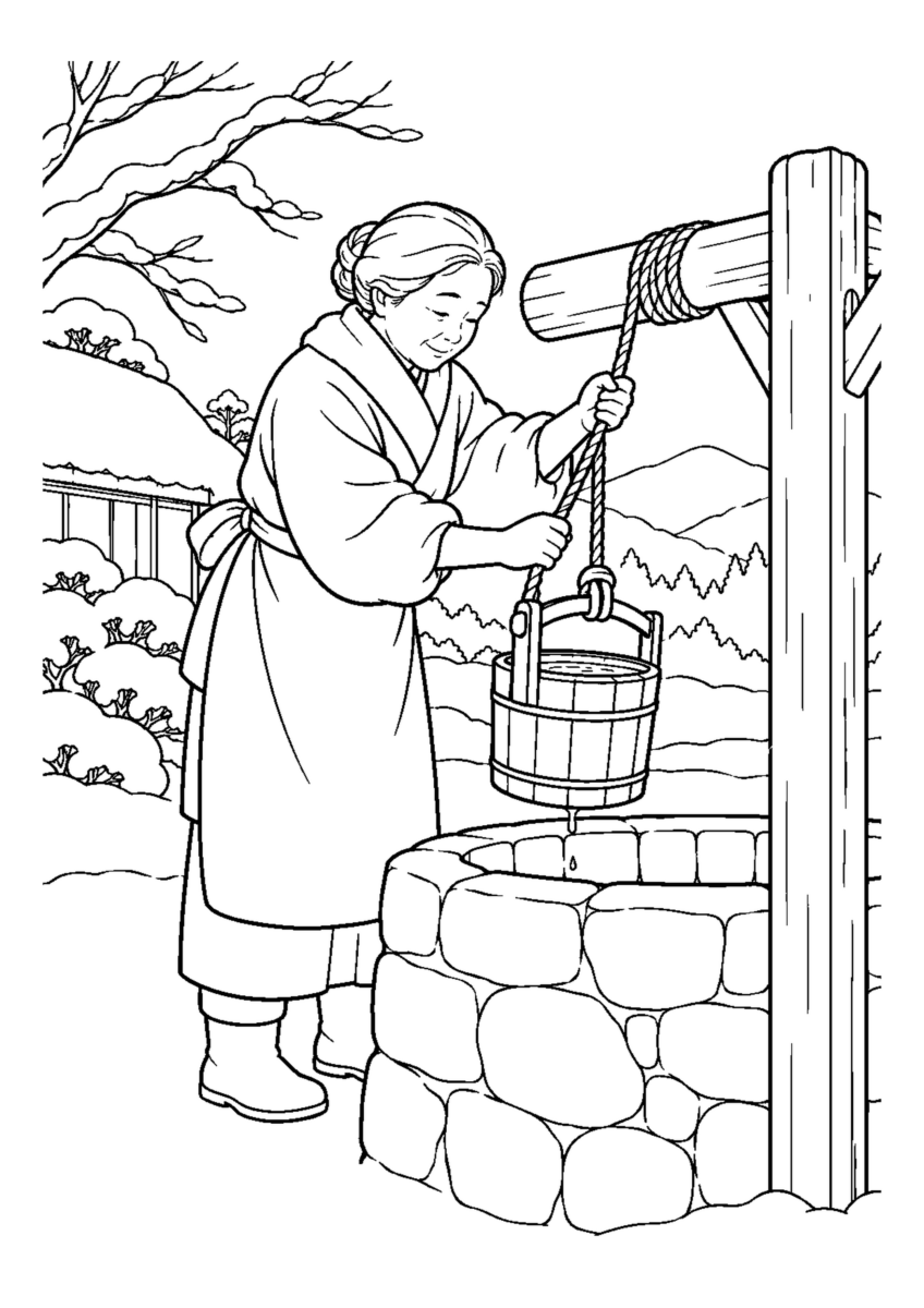 【１２月】冬の井戸端の水汲みの塗り絵