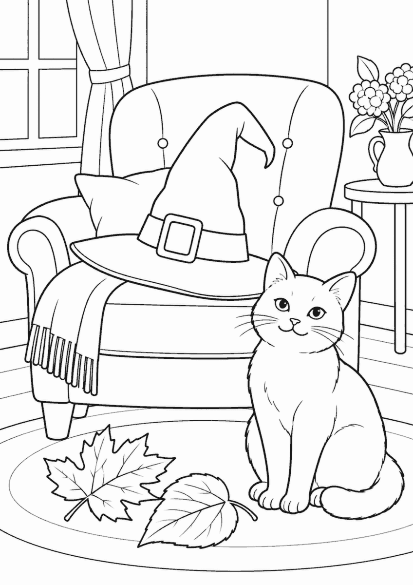 魔女の帽子と椅子のそばに座る猫を描いた高齢者向けハロウィンの白黒塗り絵