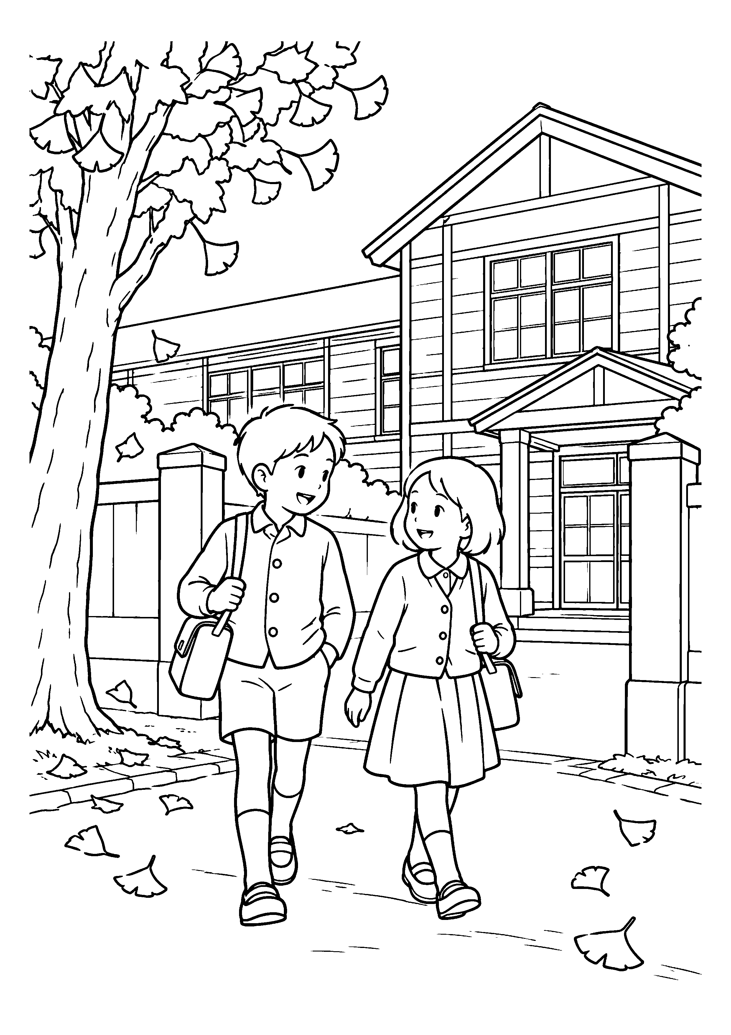 【１１月】木造校舎のある通学路の塗り絵