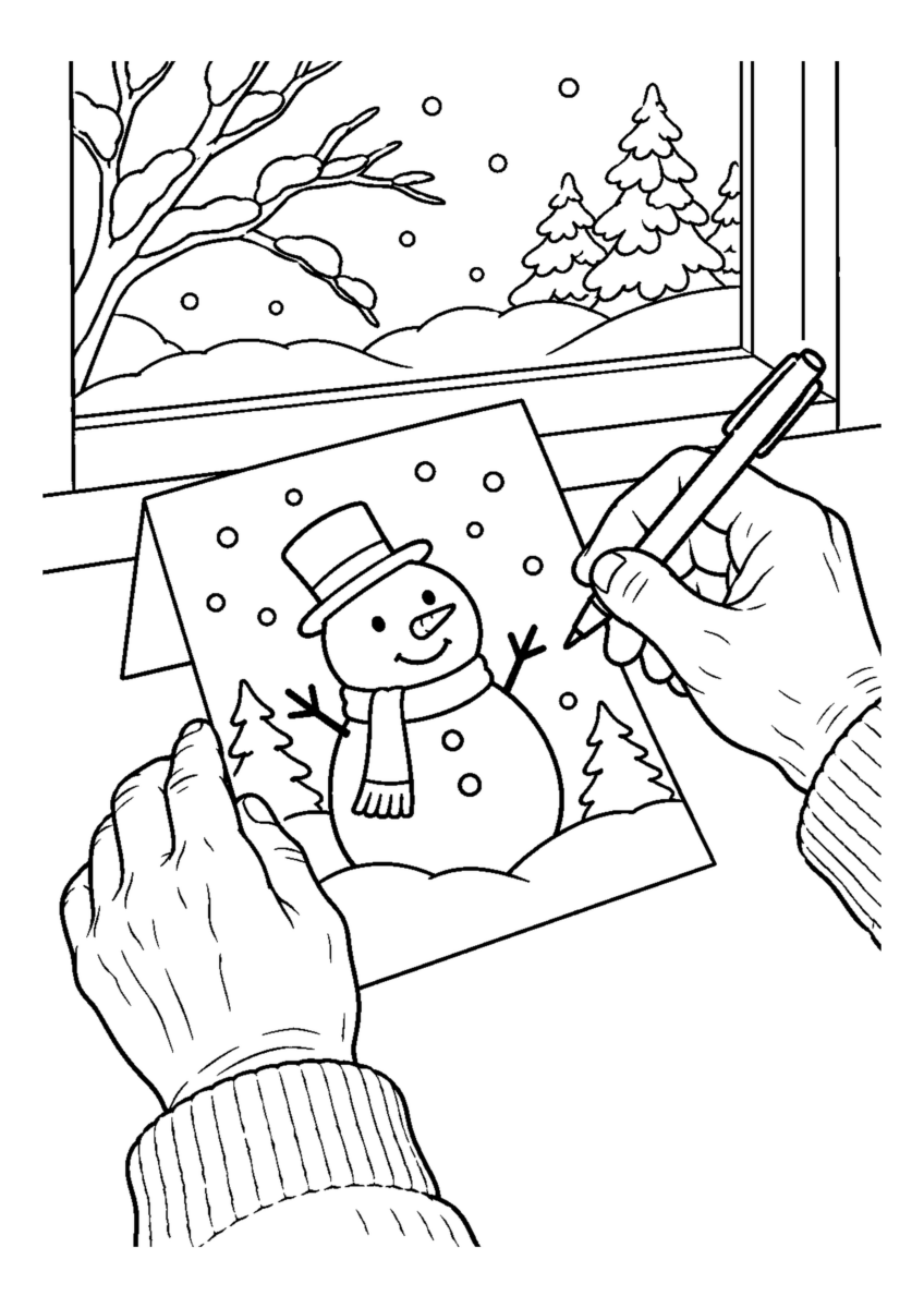 雪だるま絵のカードへ短い挨拶を書く手元。白黒の高齢者向け塗り絵
