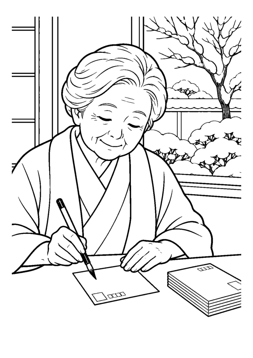 筆ペンで年賀状を書く高齢者1人と郵便はがき。白黒の高齢者向け塗り絵