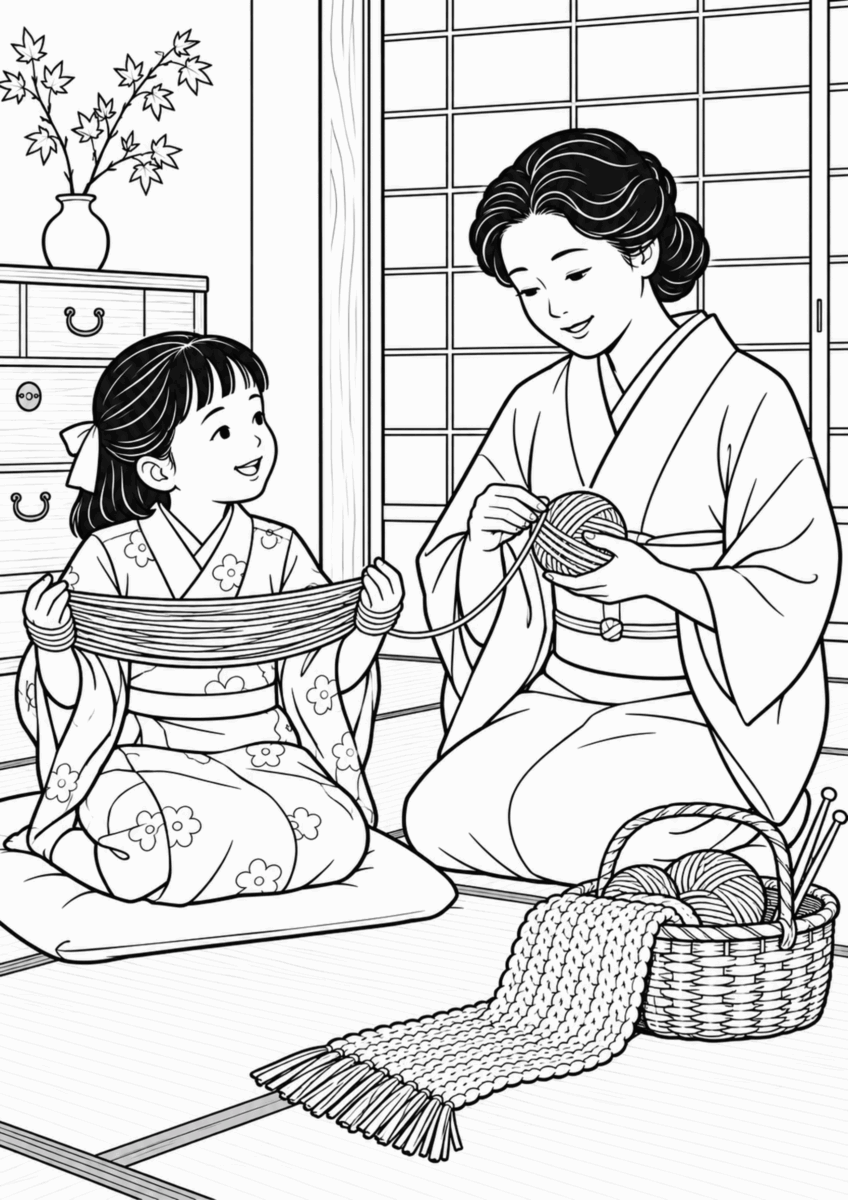 畳の部屋で母の毛糸巻きを手伝う子どもの白黒線画塗り絵