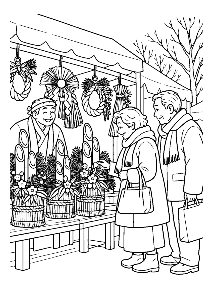 門松やしめ飾りを並べた市と買い物客2人。白黒の高齢者向け塗り絵