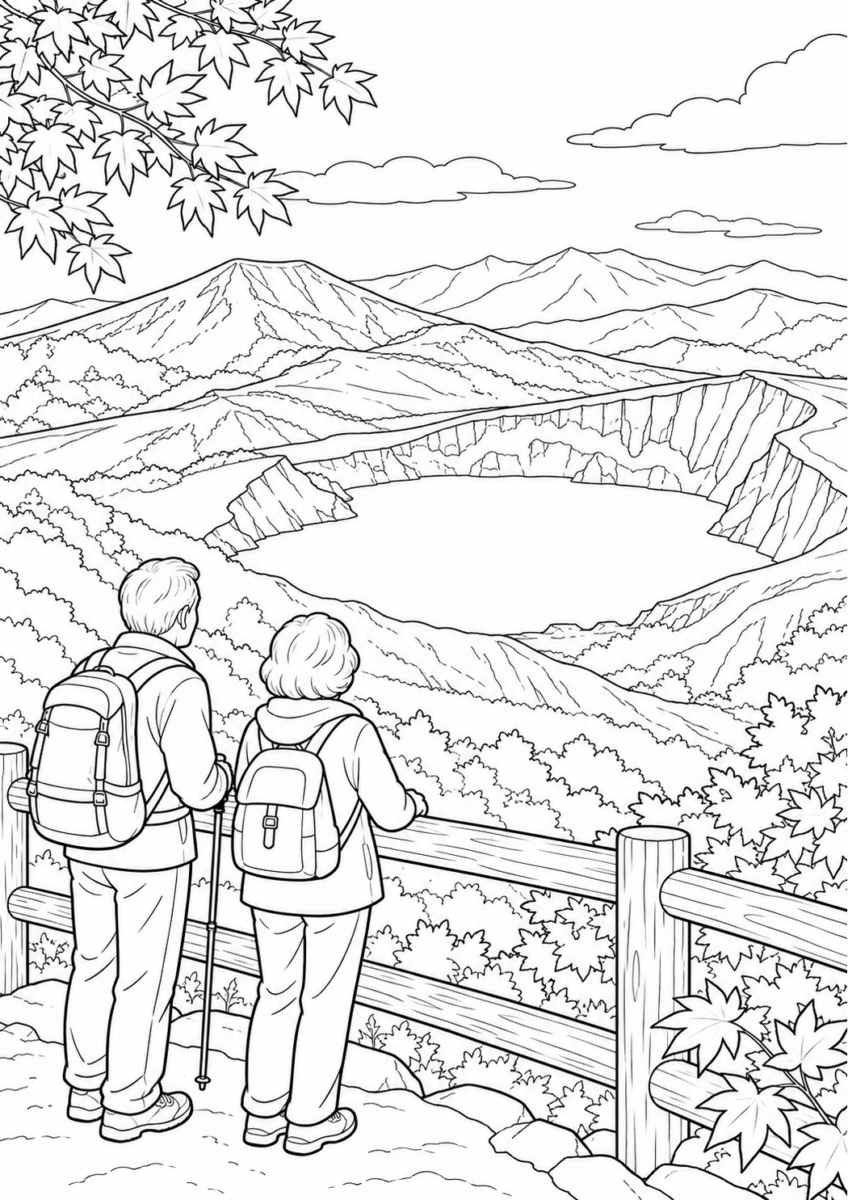 蔵王のお釜と秋山を10月の場面として描いた高齢者向けの白黒線画塗り絵
