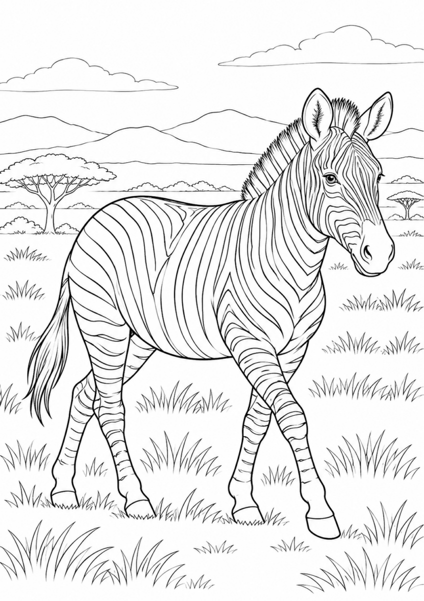 草原を歩くシマウマを描いた高齢者向けの白黒線画塗り絵