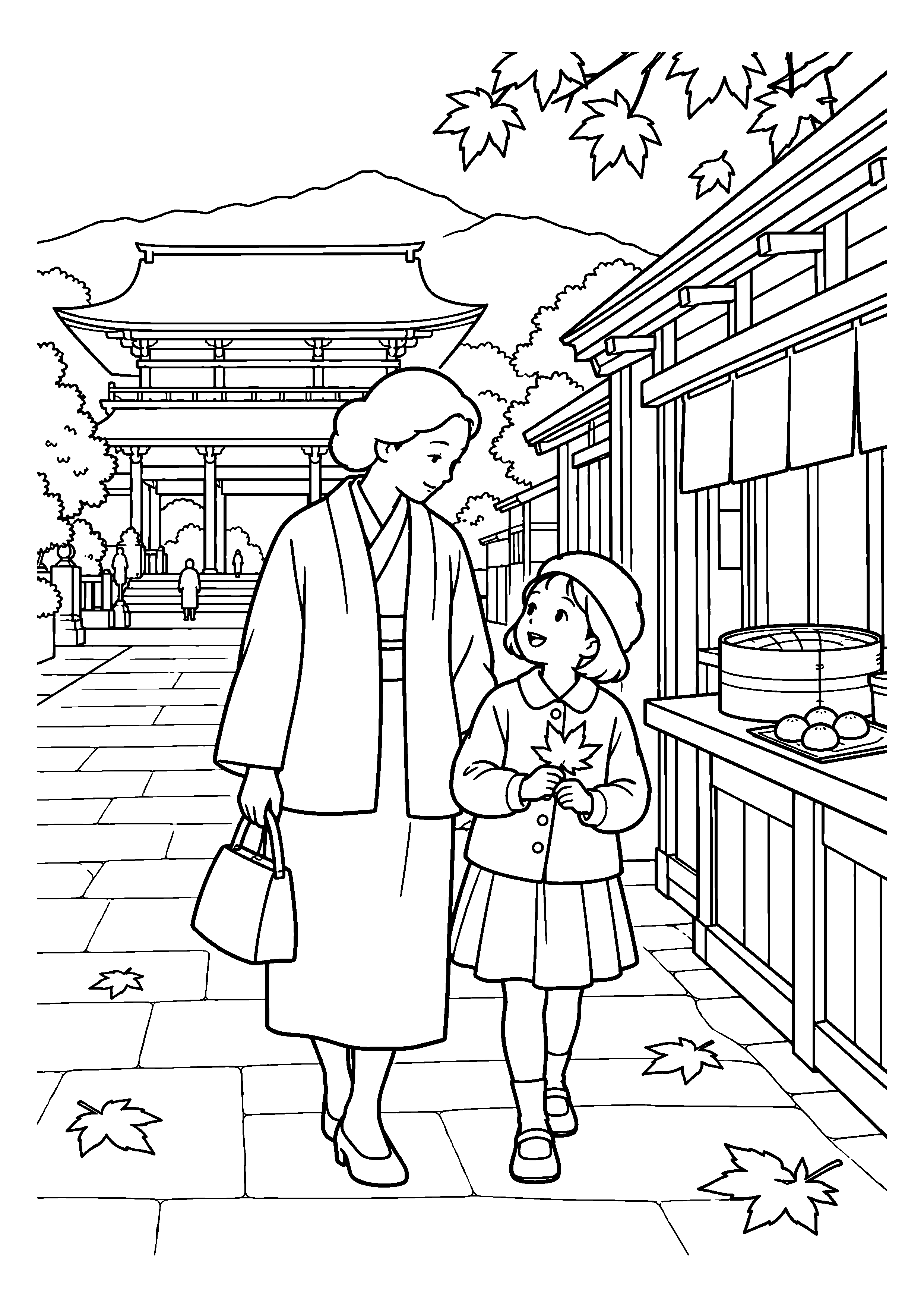 昭和２０年代後半の１１月をイメージした善光寺の参道と店先の白黒塗り絵