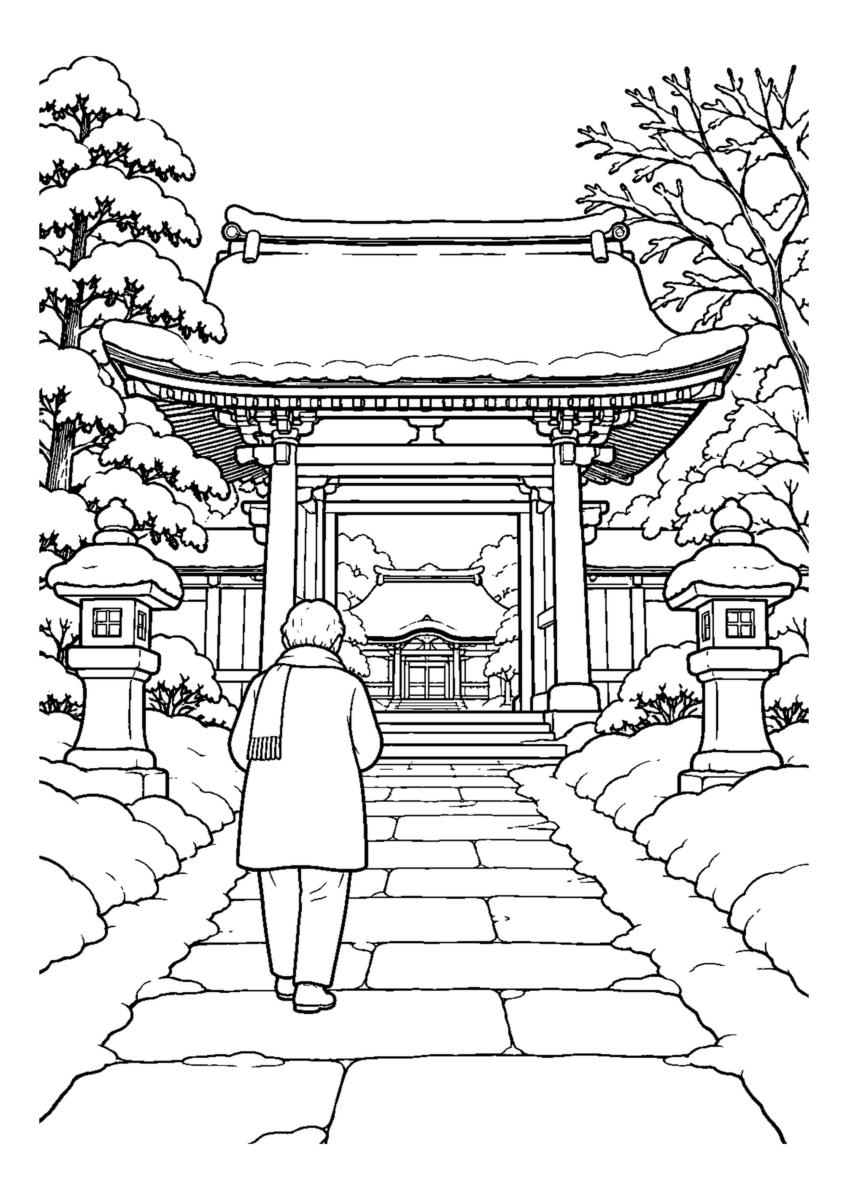 雪の参道と山門、参拝する高齢者1人。白黒の高齢者向け塗り絵