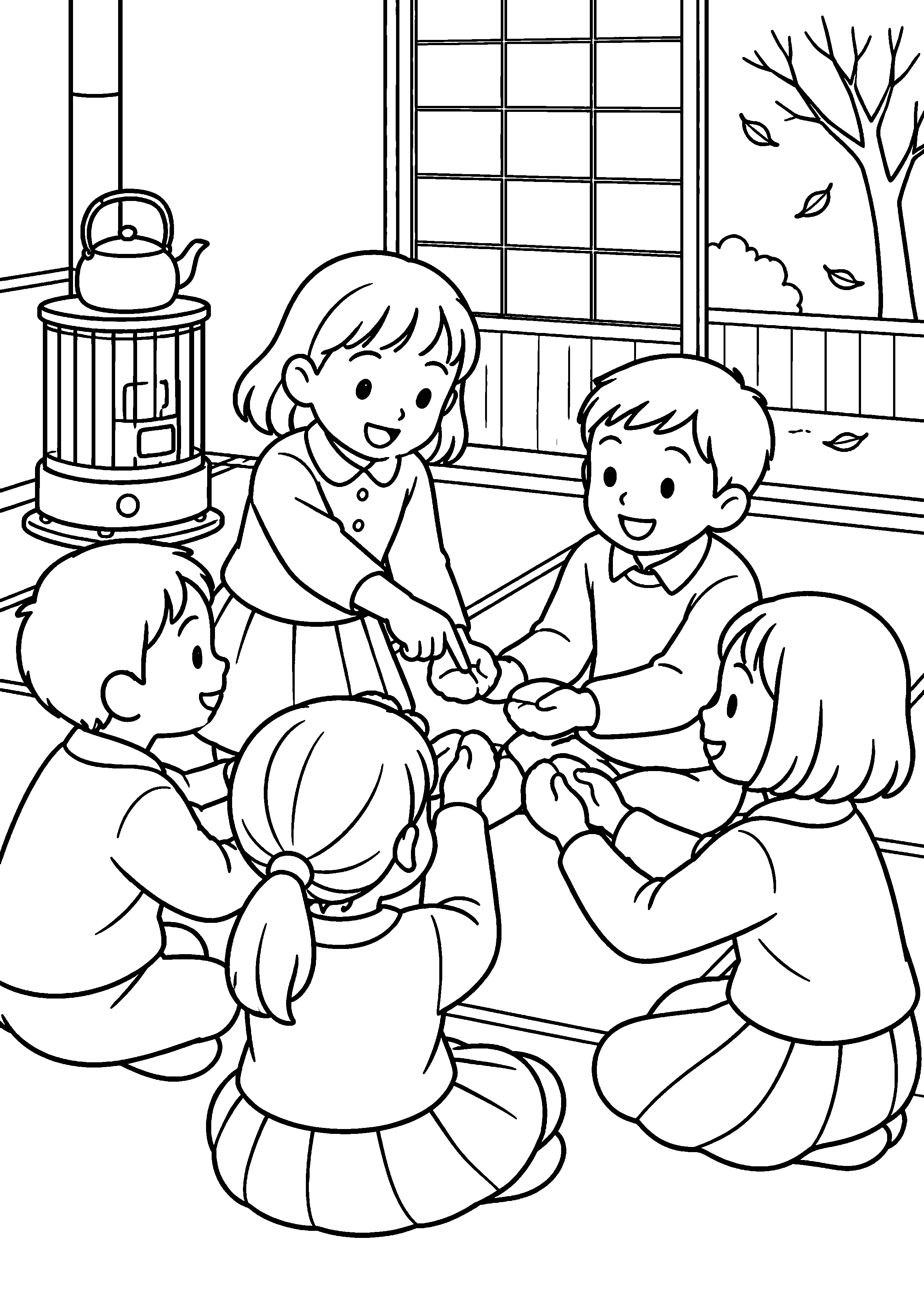 昭和の居間で、子どもたちが輪になって両手を軽く握り、一人が順に指を入れながら歌っている様子を、太く見やすい黒線で描いた高齢者向け塗り絵