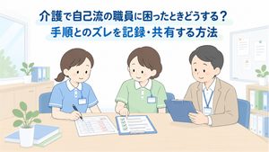 介護リーダーが手順との差を記録し、管理者へ共有する流れを示すイラスト